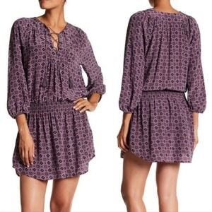 Joie Purple Geometric Print Smocked Waist Lace Up Tassel‎ Dress Size M
